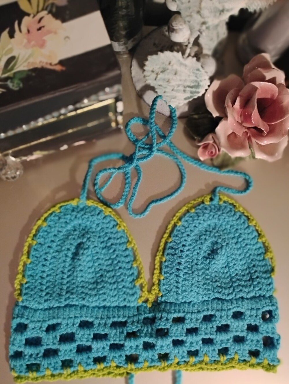 Handmade Crochet Bralette - Turquoise with Lime Trim - Picture 8 of 11